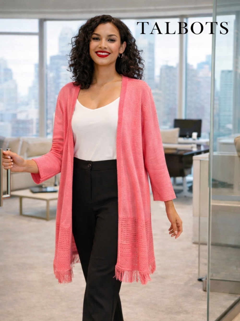 🌸Talbots Pink Open-Front Fringe Cardigan Sweater Size S preppy fringe casual